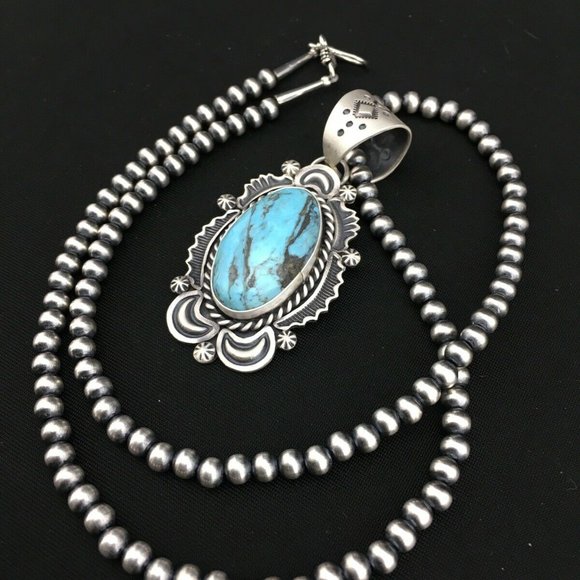 Navajo Sterling Silver Blue Necklace Pendant Ln 20 - Picture 7 of 12